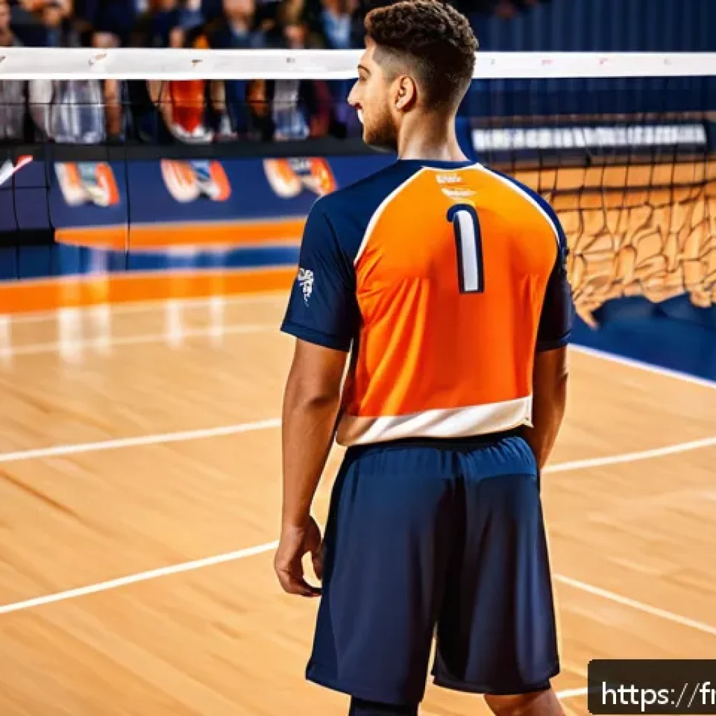 배구 팀 유니폼 제작 팁 - A dynamic volleyball team uniform design featuring a bold color scheme of deep navy blue and vibrant...