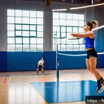 배구 트레이닝 팁 - A dynamic indoor volleyball training scene focusing on a young female athlete performing explosive p...