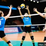 배구 선수들의 명언 - A dynamic volleyball team in mid-game on an indoor court in Paris, showcasing intense communication ...