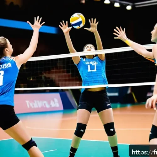 배구 선수들의 명언 - A dynamic volleyball team in mid-game on an indoor court in Paris, showcasing intense communication ...