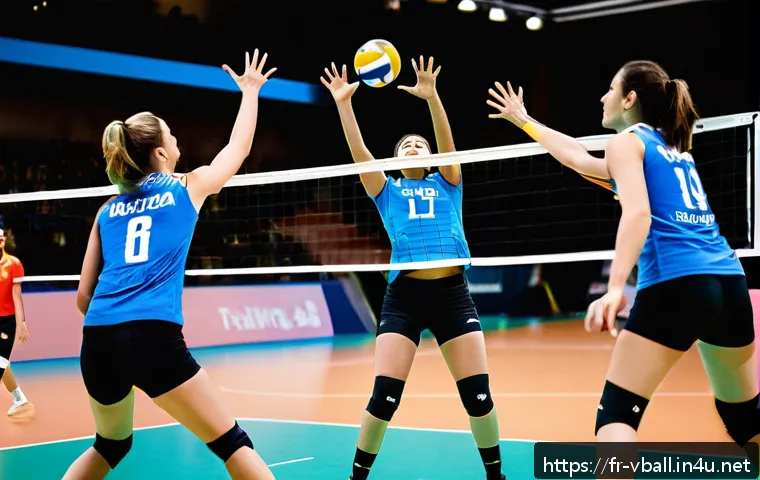 배구 선수들의 명언 - A dynamic volleyball team in mid-game on an indoor court in Paris, showcasing intense communication ...