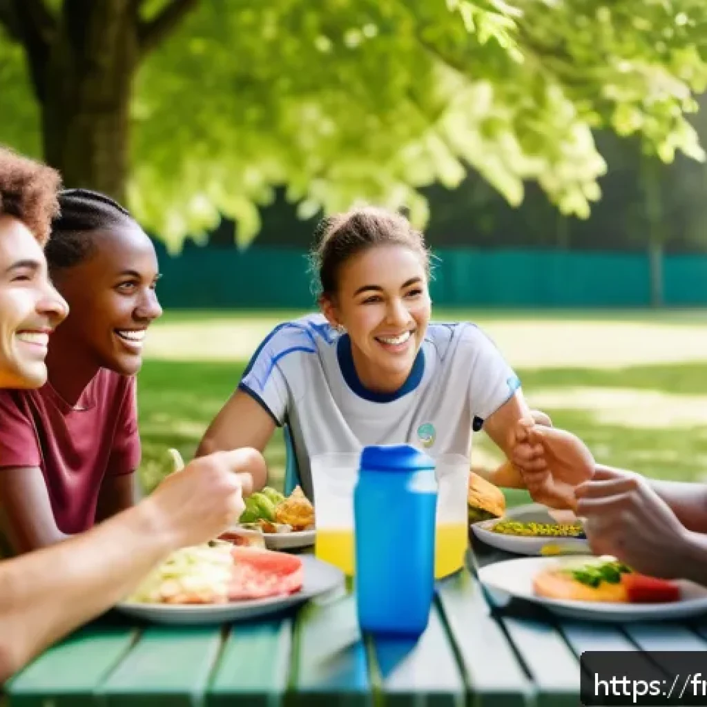 배구 경기에서 팀워크의 중요성 - A diverse group of young adult soccer players sitting together at an outdoor picnic table in a sunny...