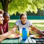 배구 경기에서 팀워크의 중요성 - A diverse group of young adult soccer players sitting together at an outdoor picnic table in a sunny...