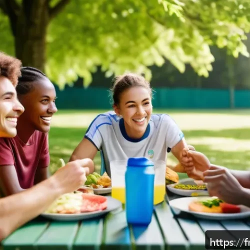 배구 경기에서 팀워크의 중요성 - A diverse group of young adult soccer players sitting together at an outdoor picnic table in a sunny...