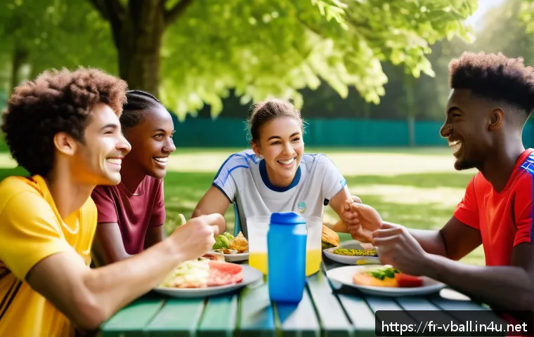 배구 경기에서 팀워크의 중요성 - A diverse group of young adult soccer players sitting together at an outdoor picnic table in a sunny...