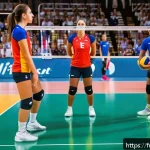 실내 배구와 비치발리볼 차이 - A dynamic indoor volleyball match scene in a modern sports hall, featuring six players per team in c...