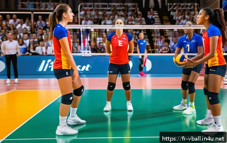 실내 배구와 비치발리볼 차이 - A dynamic indoor volleyball match scene in a modern sports hall, featuring six players per team in c...