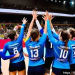 배구 다큐멘터리 - A dynamic professional volleyball match in a modern French indoor arena, featuring male and female p...