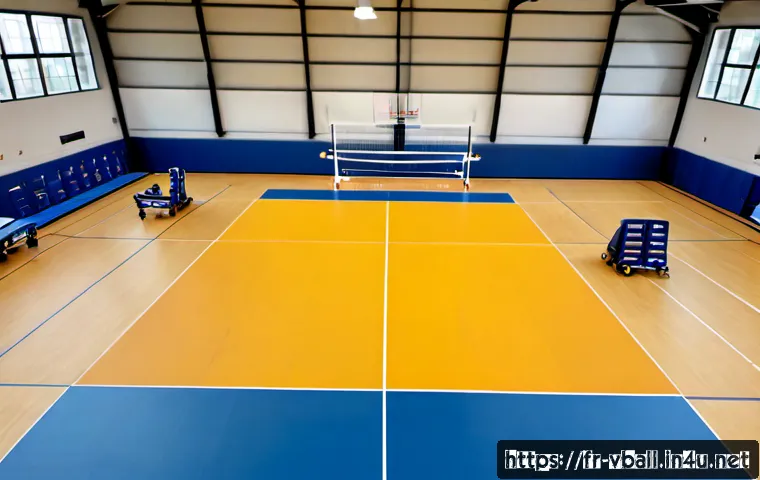 배구 훈련 기구 대여 - Photorealistic indoor volleyball training equipment rental scene in a bright French municipal sports...