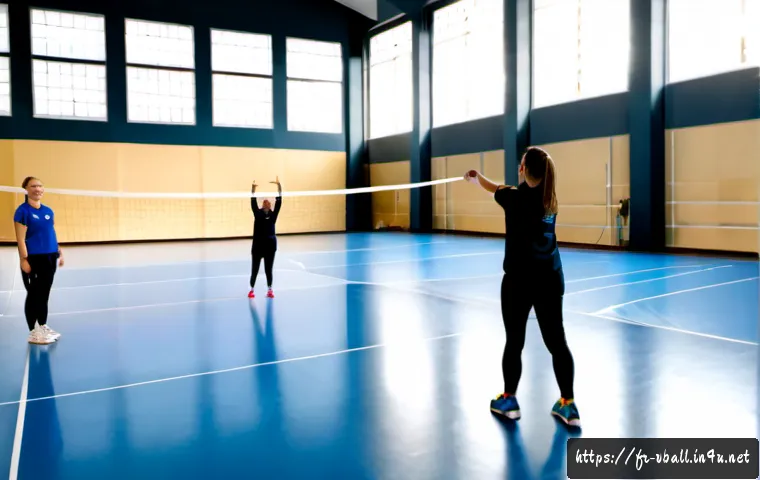 배구 선수들의 루틴 - Photorealistic early-morning volleyball training routine in a modern French indoor sports hall, dive...
