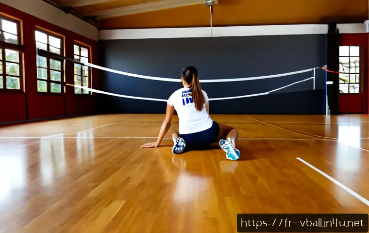 배구 경기 이후의 스트레칭 - Photorealistic indoor volleyball court in France after a friendly match, adult female player in mode...