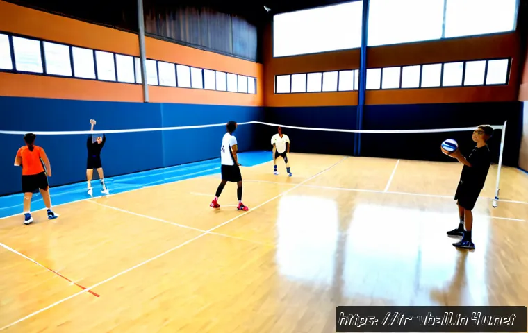 Home 30 배구 트레이닝 캠프 - Photorealistic indoor volleyball training camp in France, diverse teenage and adult players practici...
