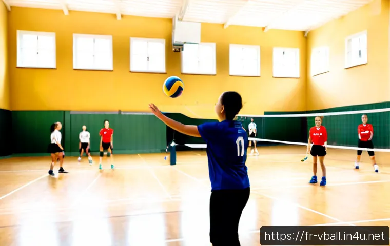 배구 초보 훈련 계획 - Photorealistic beginner volleyball training session in a bright French municipal sports hall, adult ...