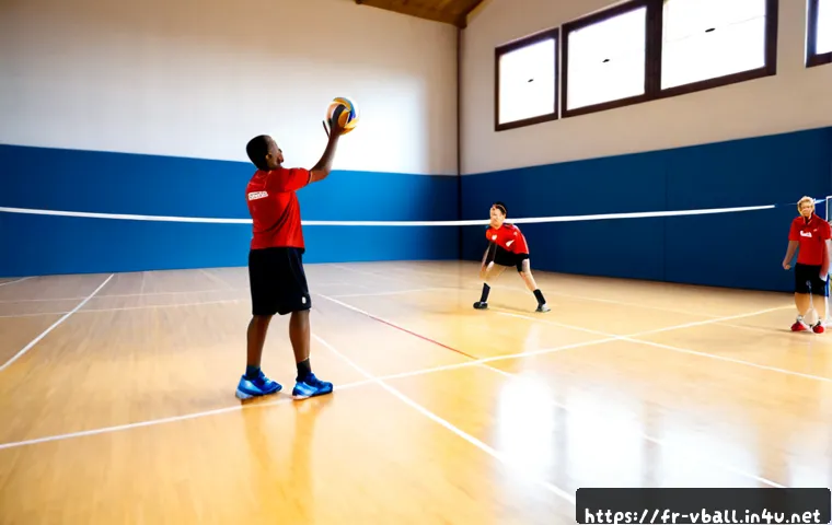 Home 17 배구 시즌별 훈련 계획 - Photorealistic indoor volleyball training session in a bright French community sports hall, diverse ...