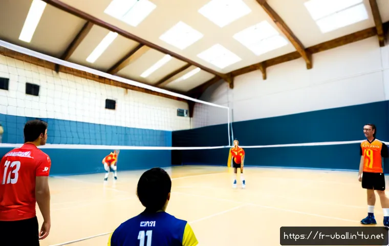 Home 17 배구 경기 진행 팁 - Photorealistic indoor volleyball match in a modern French community sports hall, wide sideline view ...