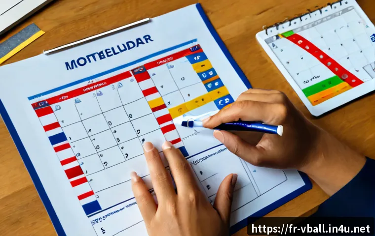 배구 경기 일정을 맞추는 팁 - Photorealistic overhead view of a French volleyball fan planning match schedules at a tidy home desk...