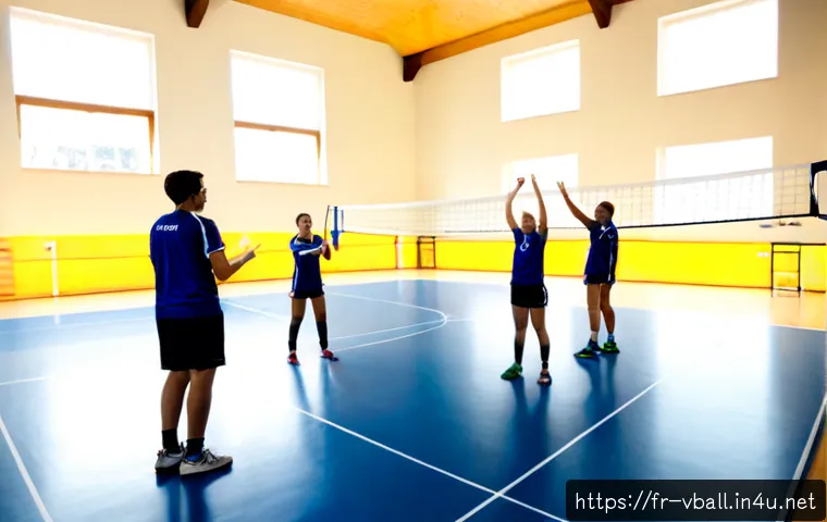 Home 17 배구 훈련 캠프 스케줄 - Photorealistic indoor volleyball training camp in France, wide-angle view of a bright modern sports ...